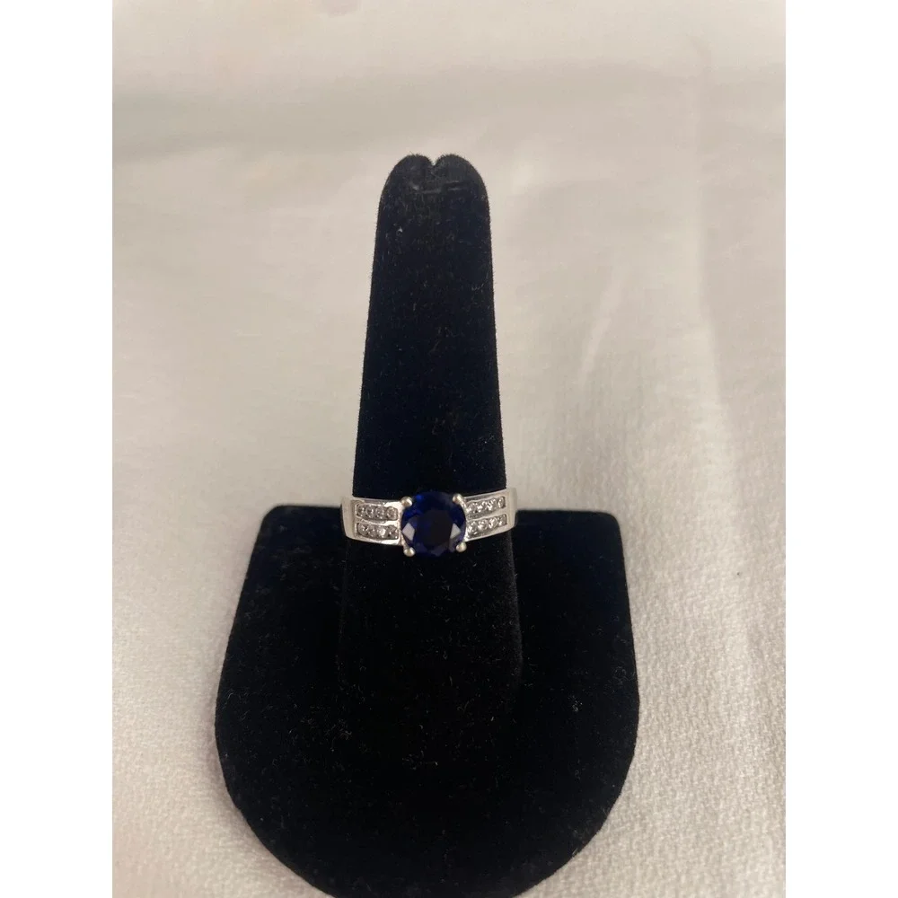 Silver Tone Round Cut Blue Stone Cocktail Ring with Clear Accents Size 7.5